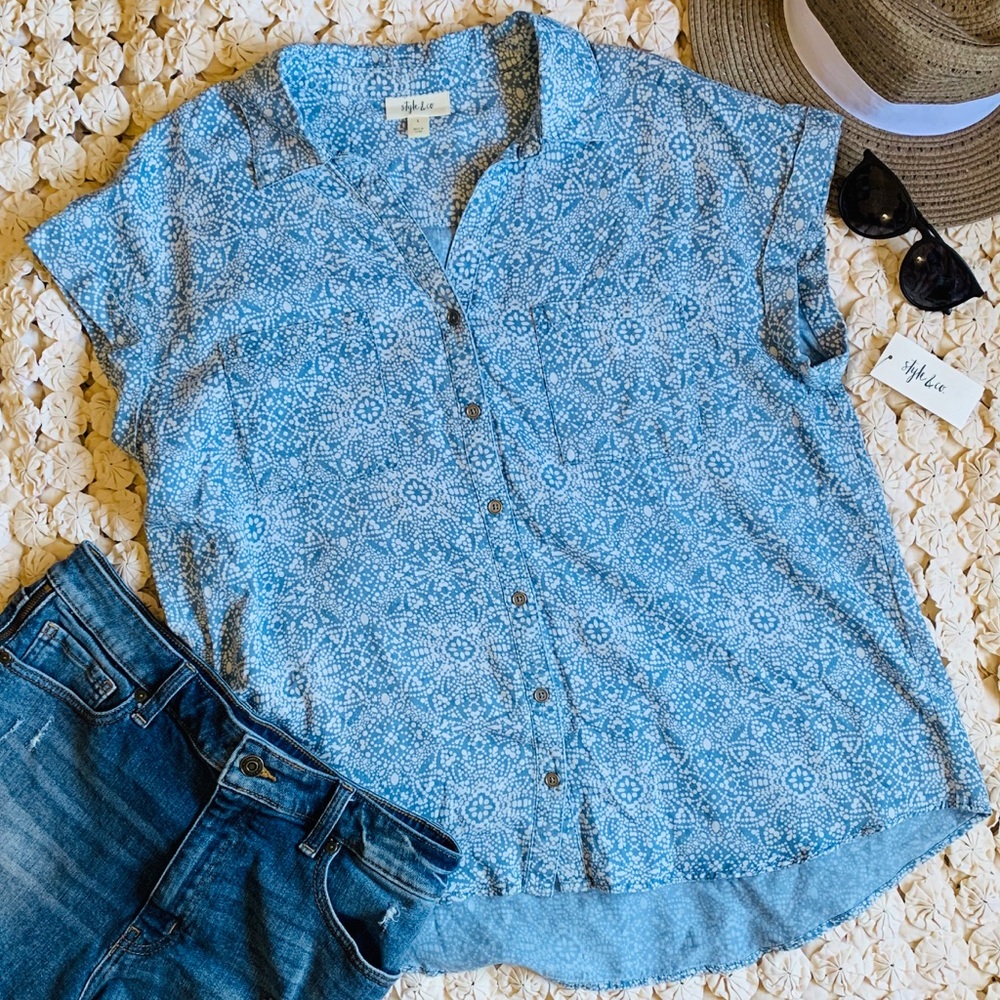 Style & Co Mosaic Printed Button Up Top